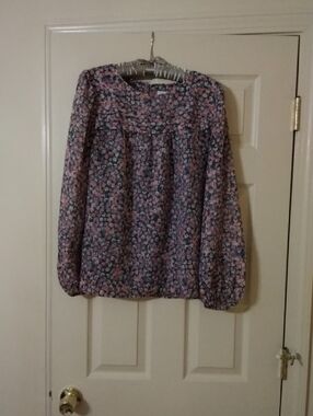 LOFT Pink and Blue Floral Long-Sleeve Blouse
